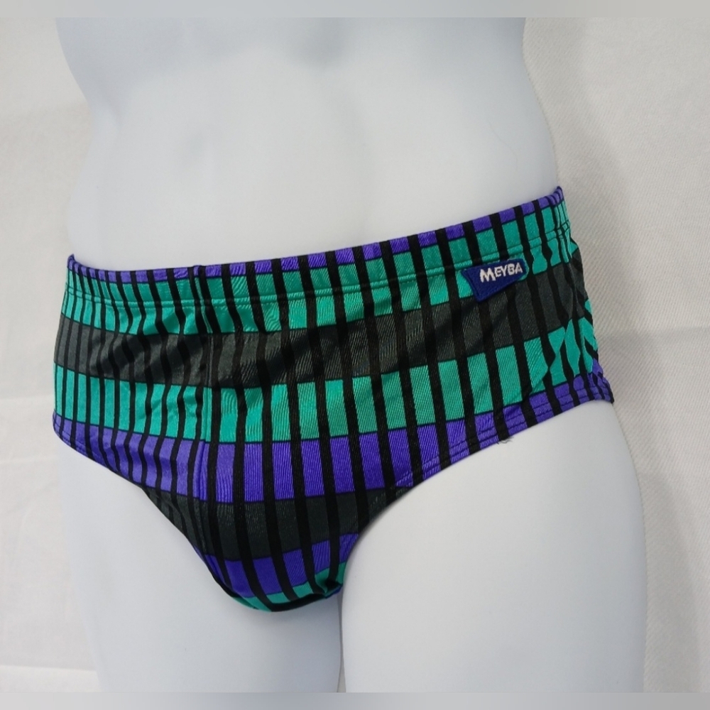 NWT Vintage 70s Meyba Swim Briefs Sunga Swimsuit Green Navy Striped Small 30-32"